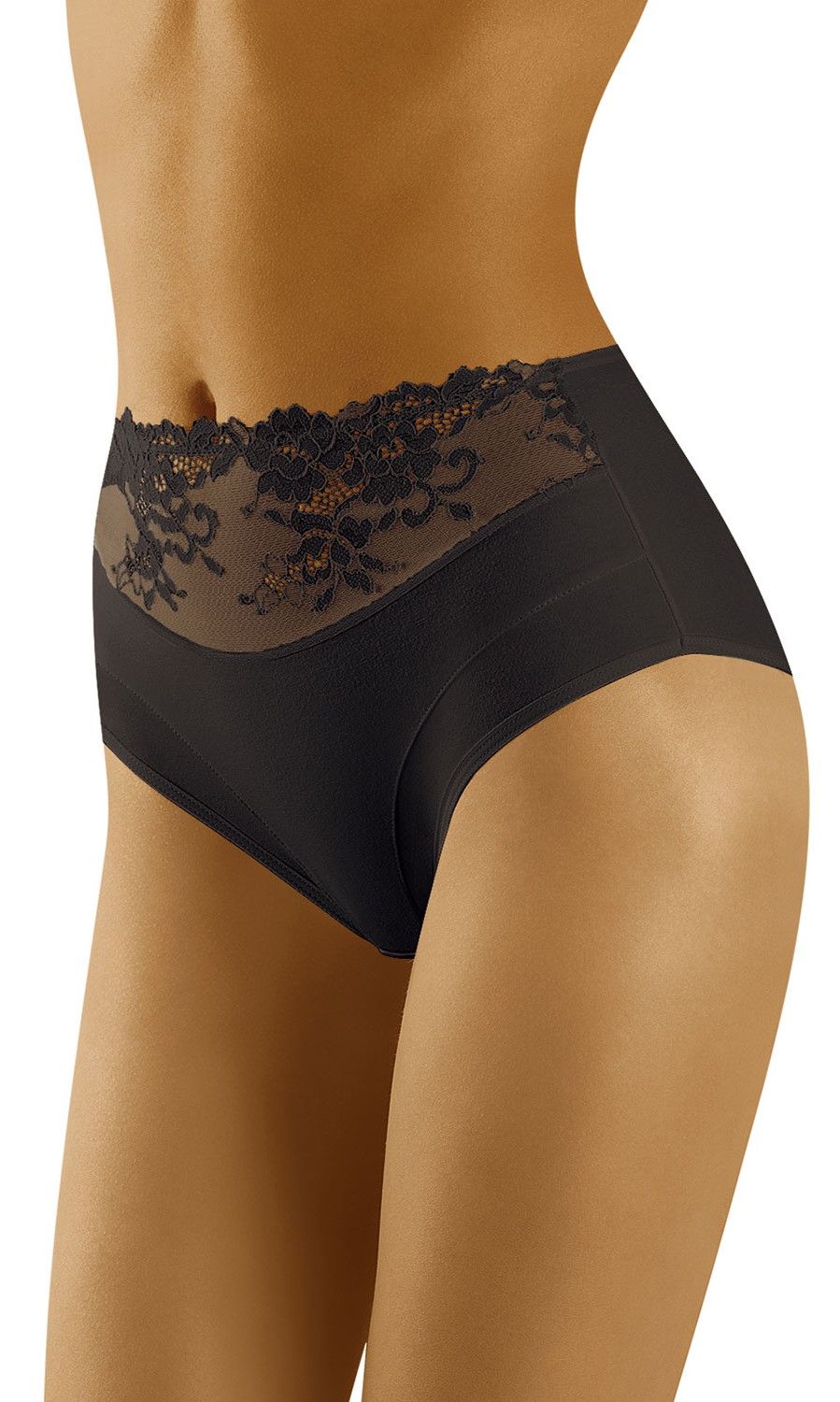 Elegantné čierne nohavičky WOLBAR Eco HI s čipkovaným pásom a vysokým strihom.